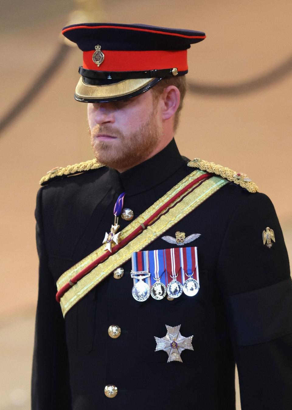 Prince Harry, Duke of Sussex arrives to hold a vigil in honour of Queen Elizabeth II at Westminster Hall on September 17, 2022 in London, England.