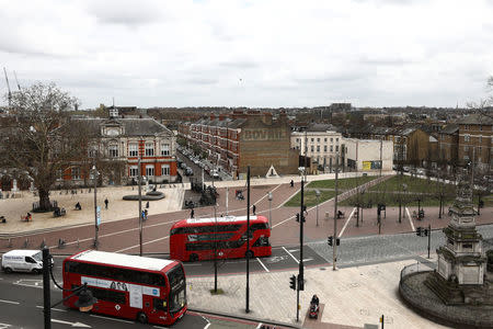 Buses move past Windrush Square in the Brixton district of London, Britain April 16, 2018. REUTERS/Simon Dawson