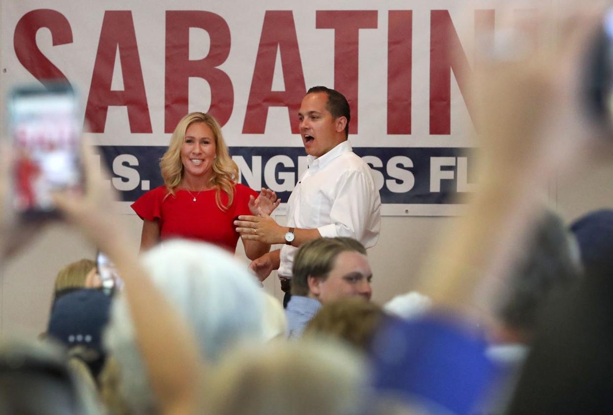 Georgia Congresswoman Marjorie Taylor Green joins congressional candidate Anthony Sabatini, Saturday August 20, 2022 for the "America First" rally at the Southeast Volusia Chamber of Commerce in New Smyrna Beach.