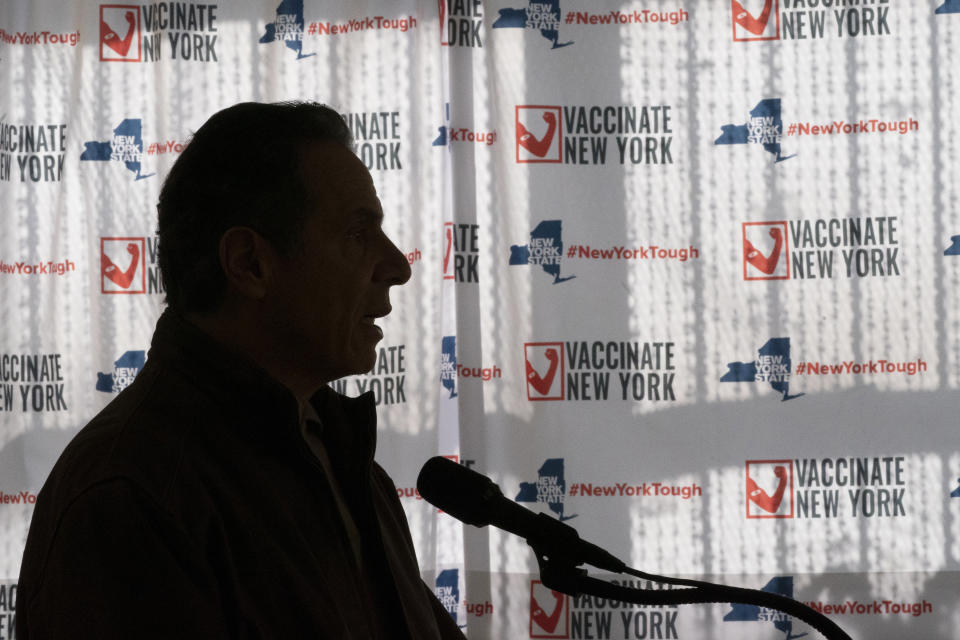 FILE - In this Jan. 23, 2021, file photo New York Gov. Andrew Cuomo speaks to reporters during a news conference at a COVID-19 pop-up vaccination site in the William Reid Apartments in the Brooklyn borough of New York. (AP Photo/Mary Altaffer, Pool, File)