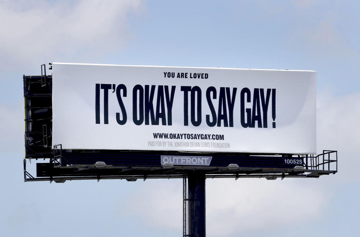 A billboard along Interstate 95 in Hollywood, Florida, reads: You are loved. It’s okay to say gay!