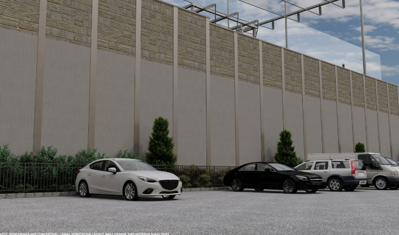 Conceptual renderings of a retaining wall surrounding the proposed location for the Rankin Avenue substation.