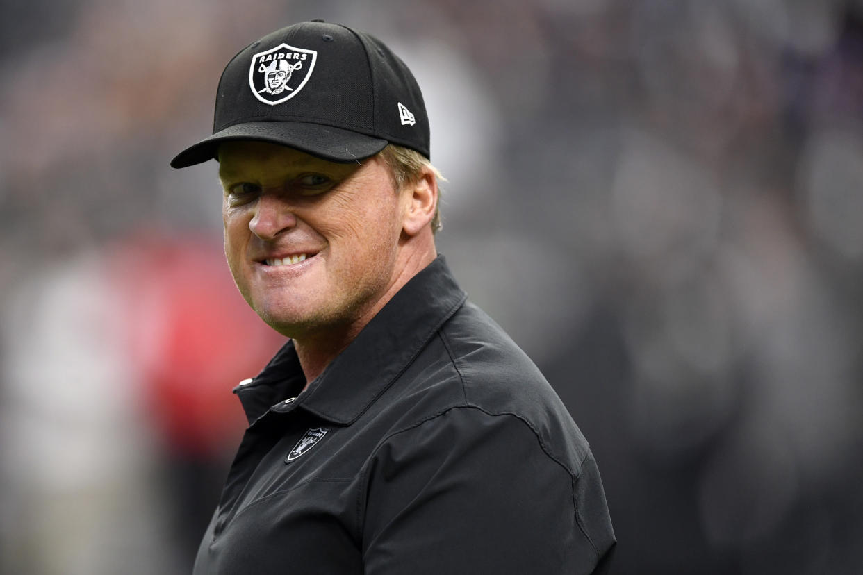 Raiders coach Jon Gruden wasn't happy when he couldn't find Daniel Carlson in overtime. (Photo by Chris Unger/Getty Images)