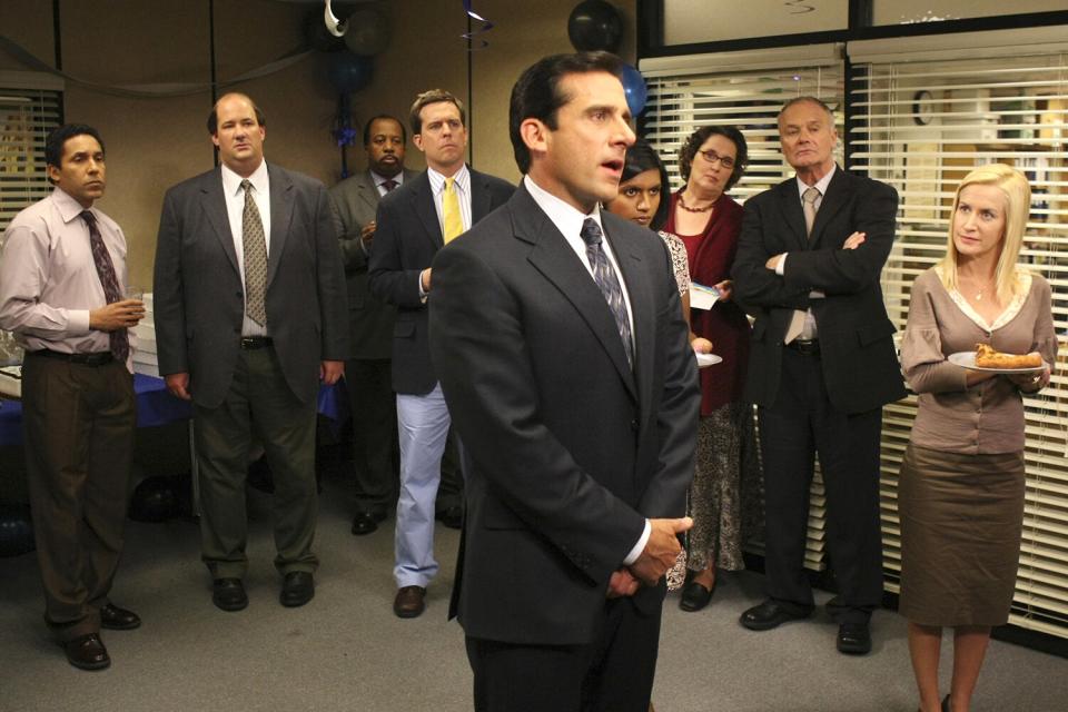 THE OFFICE -- "Launch Party" Episode 3 -- Aired 10/11/2007 -- Pictured: (l-r) Oscar Nunez as Oscar Martinez, Brian Baumgartner as Kevin Malone, Leslie David Baker as Stanley Hudson, Ed Helms as Andy Bernard, Steve Carell as Michael Scott, Mindy Kaling as Kelly Kapoor, Phyllis Smith as Phyllis Lapin, Creed Bratton as Creed Bratton, and Angela Kinsey as Angela Martin