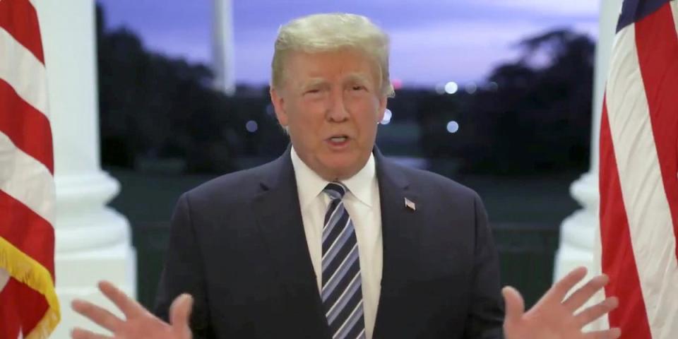 U.S. President Donald Trump speaks at the White House after returning from hospitalization at the Walter Reed Medical Center for coronavirus disease (COVID-19) treatment, in Washington, October 5, 2020, in this still image from video posted on Trump's Twitter page. @realDonaldTrump/Handout via REUTERS/File Photo
