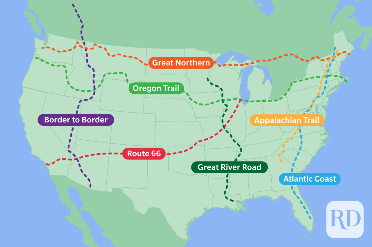 Map of various road trips across the United States; Border to Border Road Trip, Great Nortern Road Trip, Oregon Trail Road Trip, Route 66 Road Trip, Great River Road Road Trip, Appalachian Trail Road Trip, and Atlantic Coast Road Trip