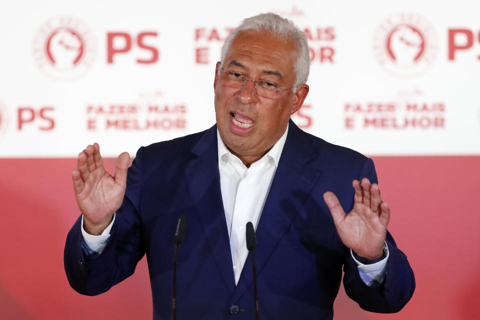 Portuguese Prime Minister and Socialist Party leader Antonio Costa addresses supporters following the announcement of election results in Lisbon Sunday night, Oct. 6, 2019. Portugal's center-left Socialist Party got the most votes in Portugal's general election Sunday, leaving it poised to continue leading the government for another four years. (AP Photo/Armando Franca)