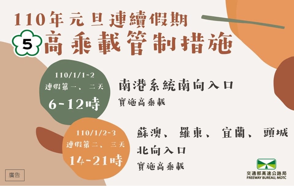 高公局表示，元旦連假國道5號部分路段、時段將進行高乘載管制。   圖：交通部高速公路局／提供