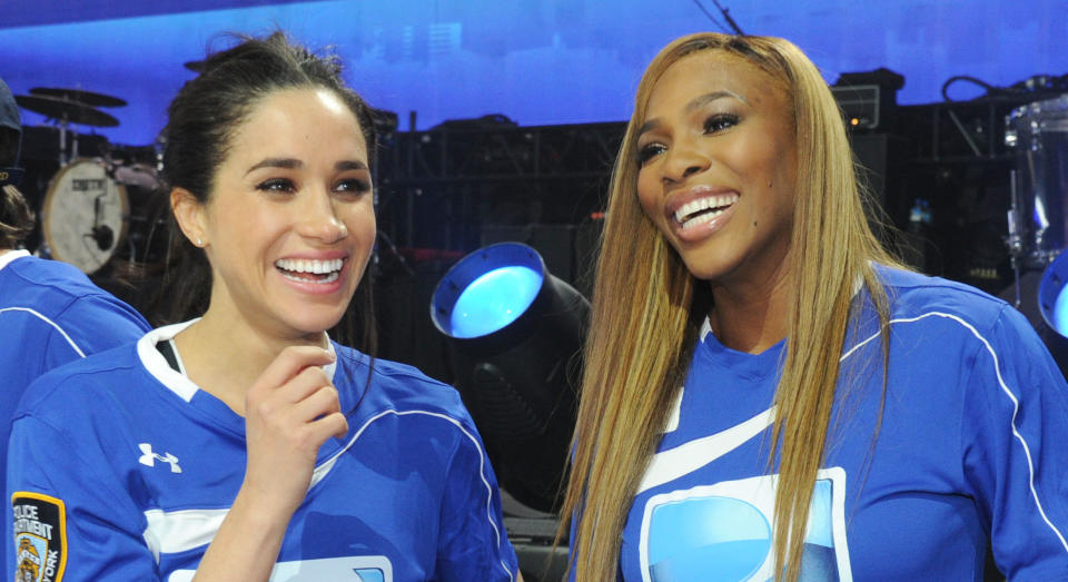 NEW YORK, NY - FEBRUARY 01:  (L-R) Meghan Markle, Serena Williams and Hannah Davis participate in the DirecTV Beach Bowl at Pier 40 on February 1, 2014 in New York City.  (Photo by Kevin Mazur/Getty Images for DirecTV)