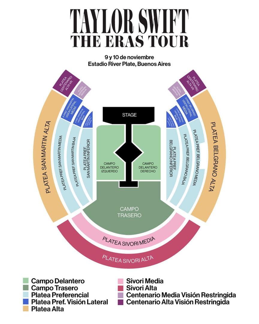 Las distintas ubicaciones para los shows de Taylor Swift en el estadio Monumental el 9, 10 y 11 de noviembre 