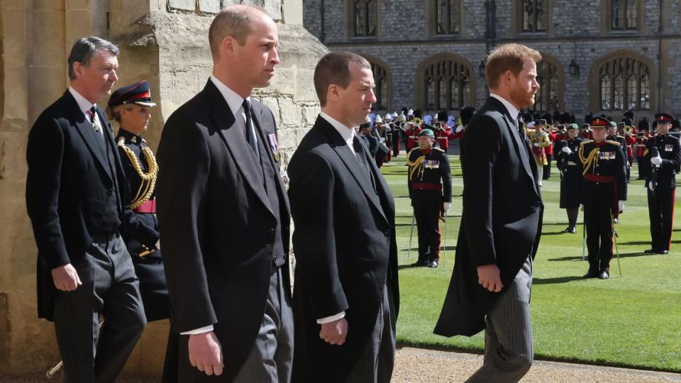 <div class="inline-image__caption"><p>Prince William, Duke of Cambridge Vice-Admiral, Sir Timothy Laurence, Peter Phillips and Prince Harry, Duke of Sussex during the funeral of Prince Philip, Duke of Edinburgh at Windsor Castle on April 17, 2021 in Windsor, England.</p></div> <div class="inline-image__credit">Chris Jackson/WPA Pool/Getty Images</div>