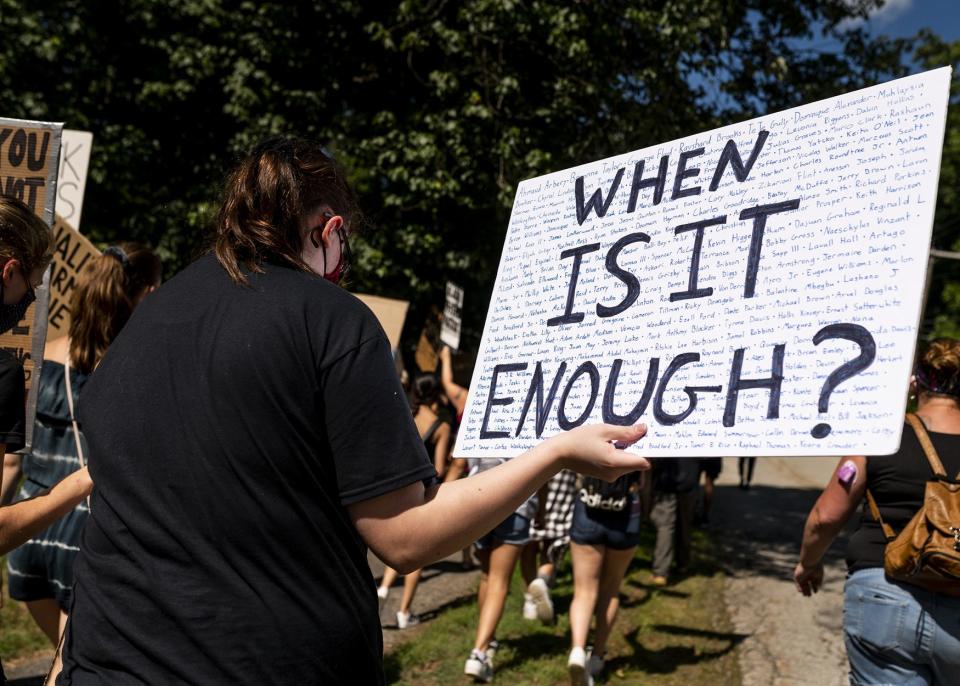 Protesters in Massachusetts march in support of Black Lives Matter on  June 19, 2020.