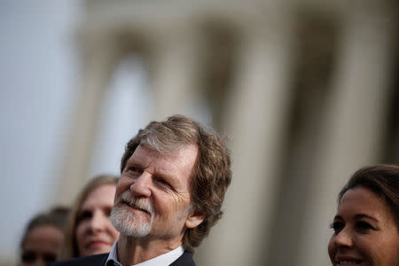 FILE PHOTO: Baker Jack Phillips speaks with the media following oral arguments in the Masterpiece Cakeshop vs. Colorado Civil Rights Commission case at the Supreme Court in Washington, U.S., December 5, 2017. REUTERS/Aaron P. Bernstein/File Photo