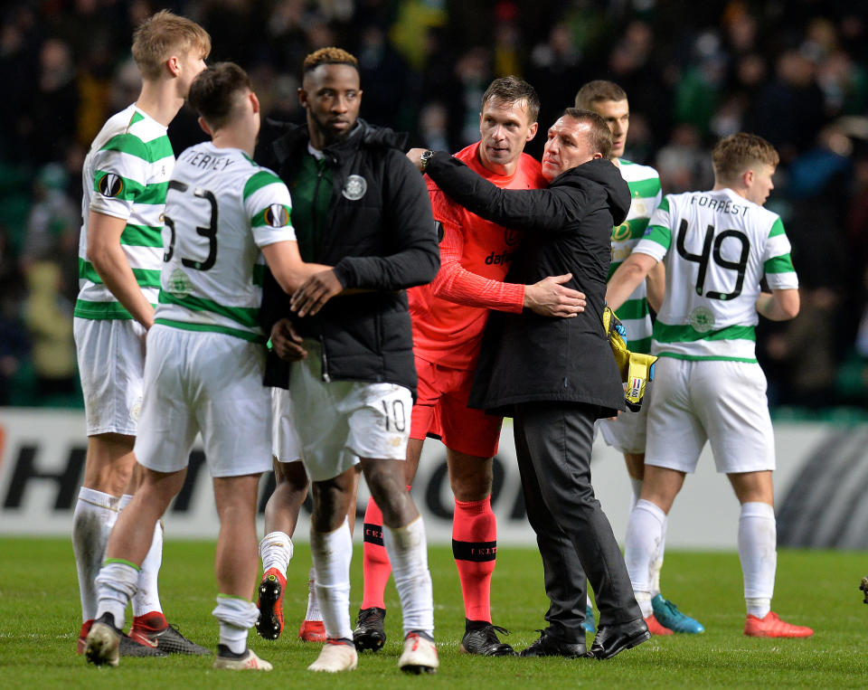 Brendan Rodgers congratulates his Celtic players after beating Zenit St.Petersburg 1-0