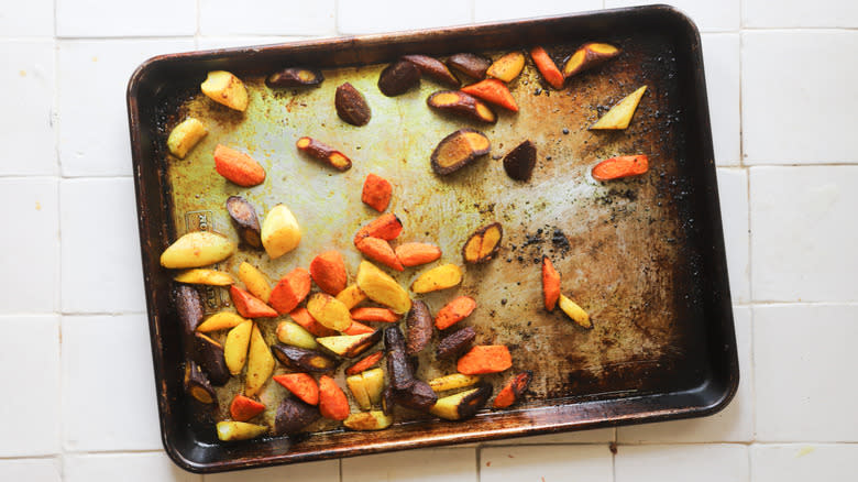 Roasted spiced carrots on tray