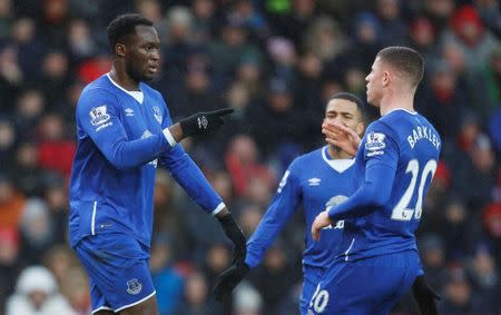 Football Soccer - Stoke City v Everton - Barclays Premier League - Britannia Stadium - 6/2/16 Romelu Lukaku celebrates with Ross Barkley after scoring the first goal for Everton from the penalty spot Action Images via Reuters / Ed Sykes Livepic