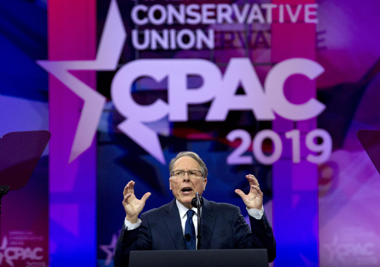 NRA executive vice president and CEO Wayne LaPierre speaks at Conservative Political Action Conference, CPAC 2019, in Oxon Hill, Md., Saturday, March 2, 2019. (AP Photo/Jose Luis Magana)