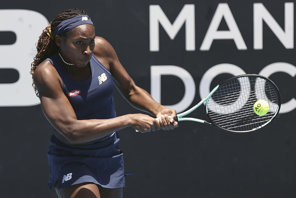 Coco Gauff of United States plays a backhand return to Brenda Fruhvirtova of Czech Republic at the ASB Tennis Classic in Auckland, New Zealand, Thursday, Jan. 4, 2024. (David Rowland/Photosport via AP)