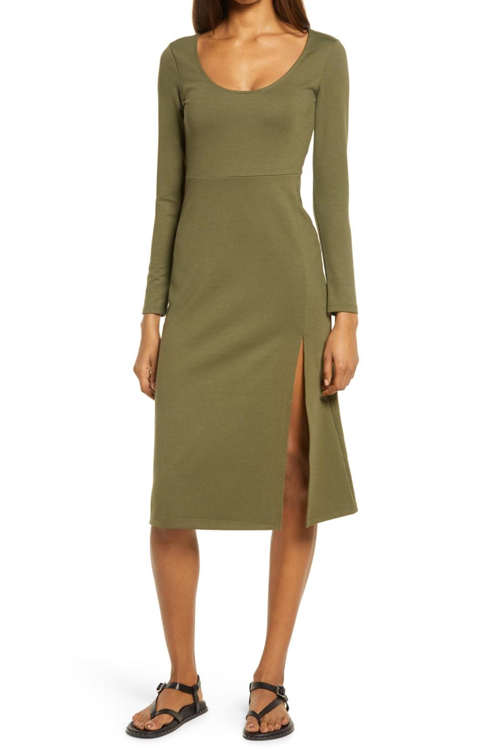 Leith Long Sleeve Side Slit Midi Dress. Image via Nordstom.