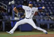 Toronto Blue Jays starter Steven Matz pitches against the Los Angeles Angels during first the inning of a baseball game Saturday, April 10, 2021, in Dunedin, Fla. (AP Photo/Steve Nesius)