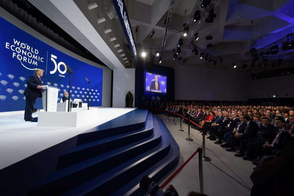 US president Donald Trump delivers a speech at the Congres center during the World Economic Forum (WEF) (AFP via Getty Images)