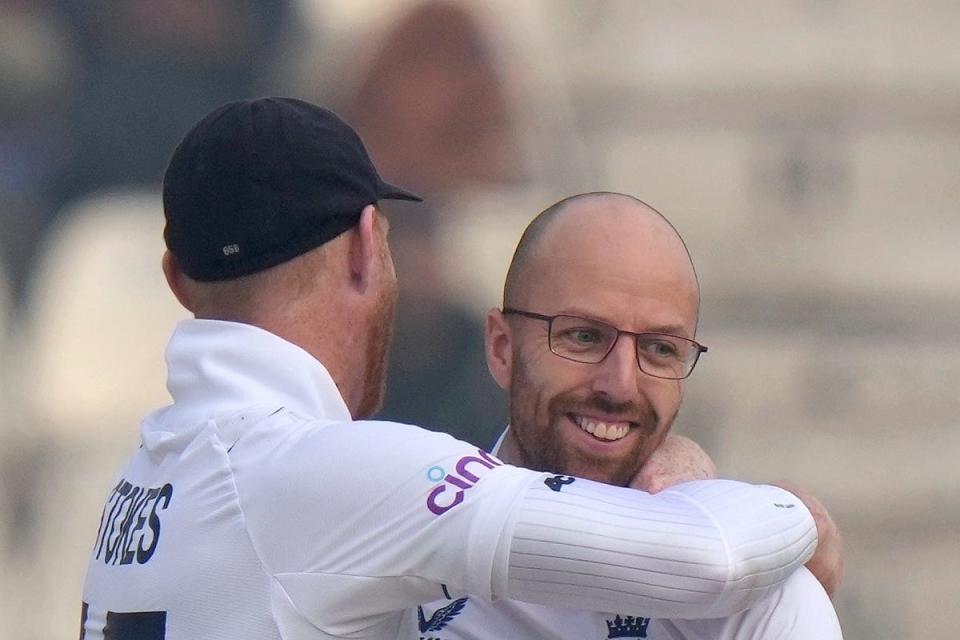 England’s Jack Leach, right, reached a milestone in the second Test in Multan (PA) (AP)