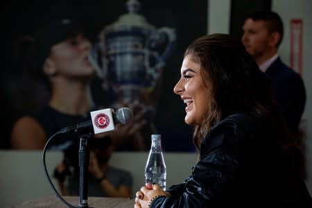 Canadian tennis player Bianca Andreescu speaks with the news media about her win at the U.S. Open