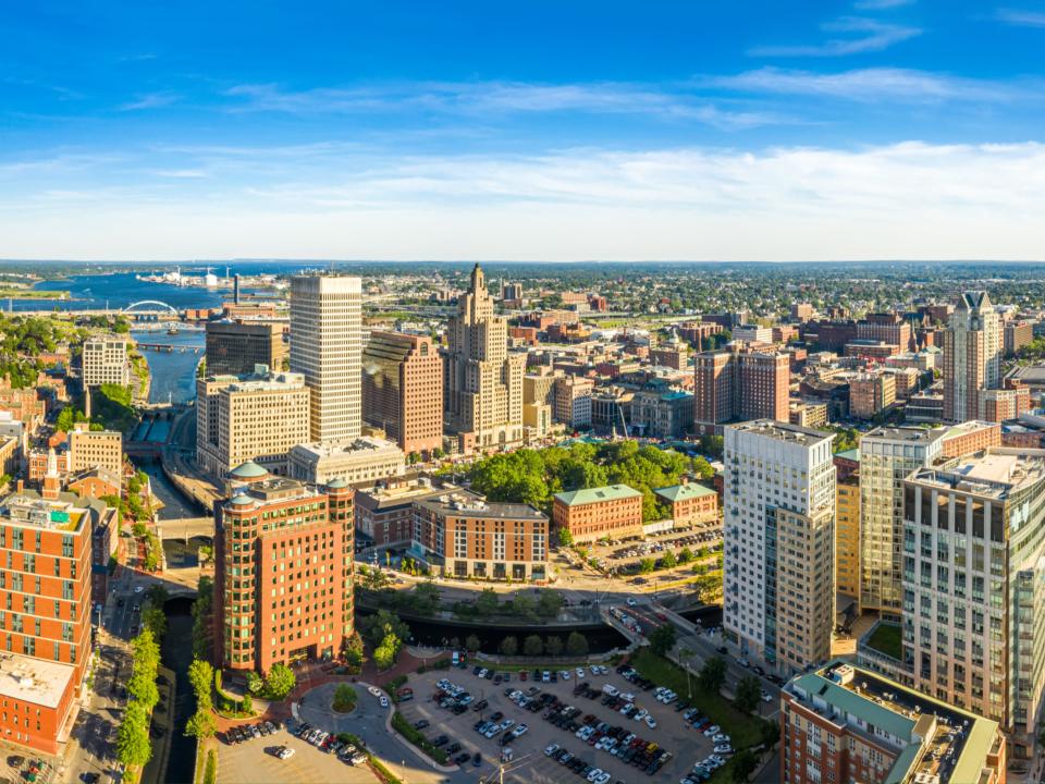 Aerial panorama of Providence skyline on a late afternoon.