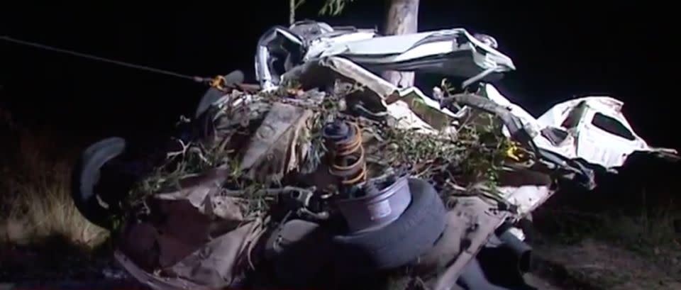 Three people were killed in a car crash in Bundaberg after their Subaru crashed into trees. Photo: 7 News