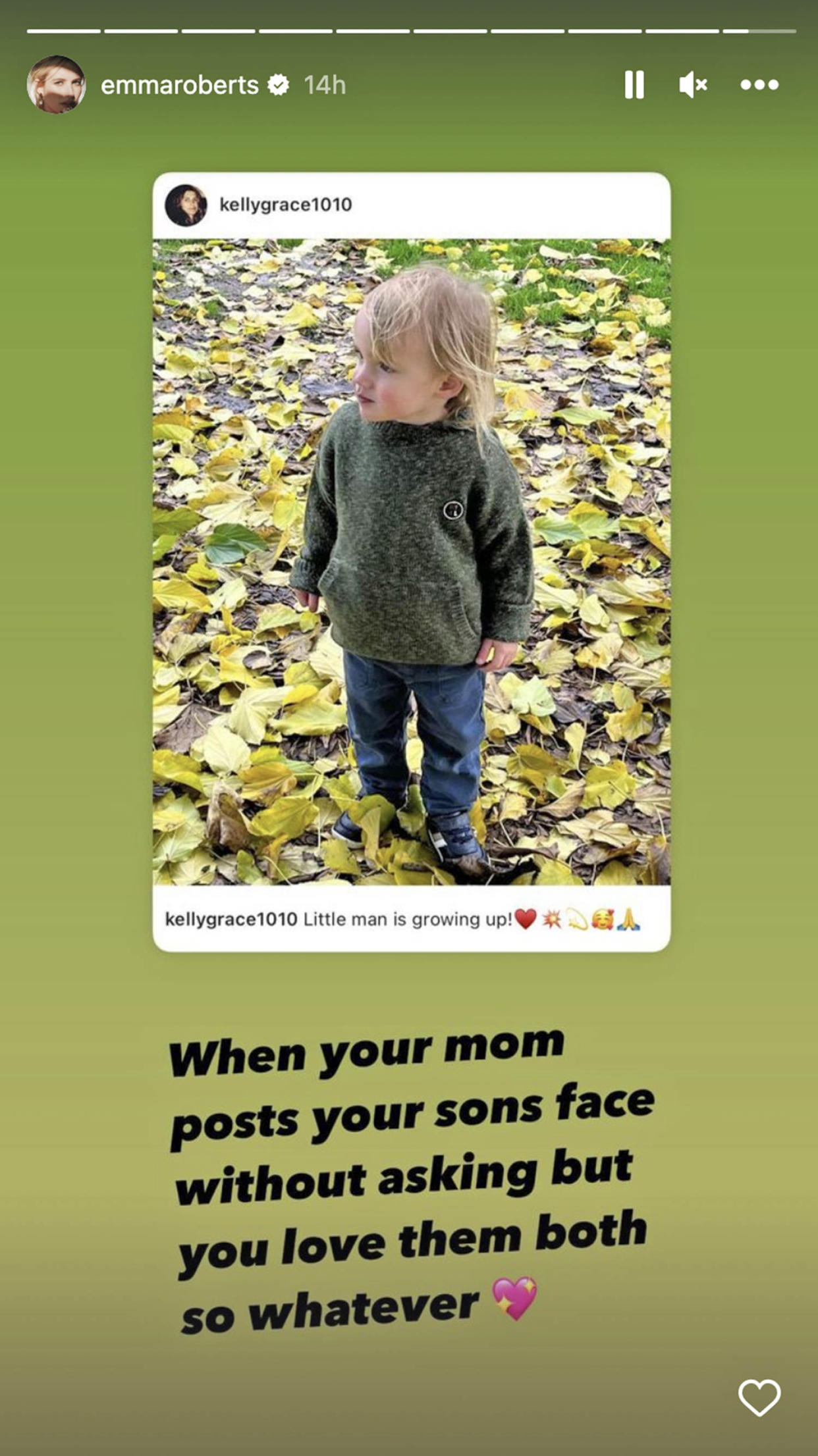 Emma Roberts shared this photo of her son after her mother did the same. (@emmaroberts via Instagram)