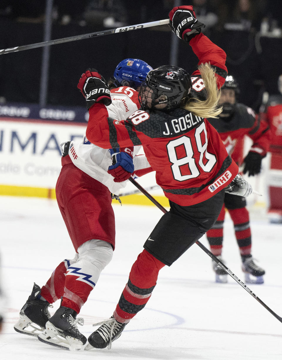 Canada's Julia Gosling (88) is checked by Czechia's Andrea Trnkova (15) during the second period of a hockey match at the IIHF Women's World Championships in Utica, N.Y., Sunday, April 7, 2024.(Christinne Muschi/The Canadian Press via AP)