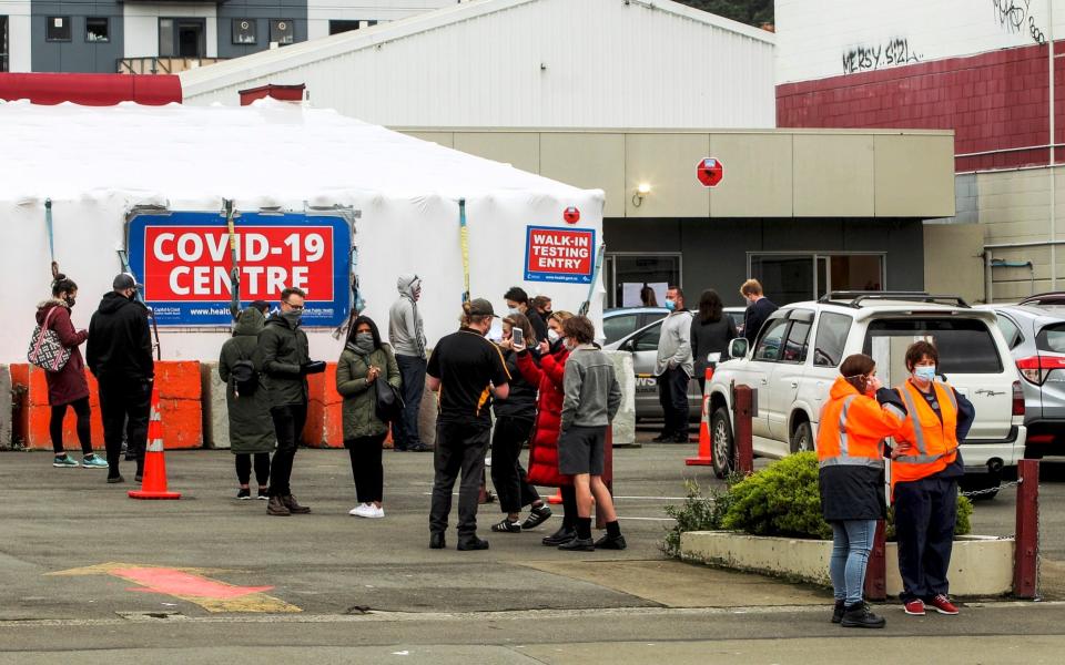 People queue outside a Covid-19 testing station in central Wellington today - Jack Crossland/NZME via AP