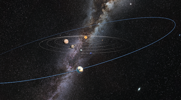 An artist’s conception shows a hypothesized planet orbiting off the main plane of the solar system. The depicted orbits and planetary sizes are not shown to scale. (UA / LPL Illustration / Heather Roper)