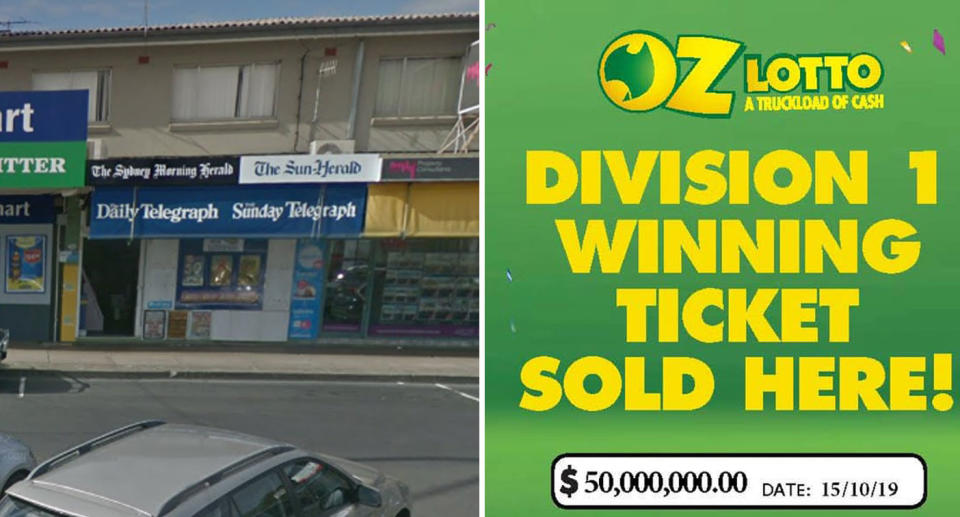 Leumeah Newsagency shown as its announced as retailer to sell $50 million lotto ticket.