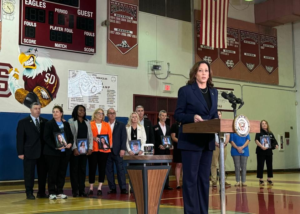 Vice President Kamala Harris speaks Saturday about gun violence at Marjory Stoneman Douglas High School in Parkland.