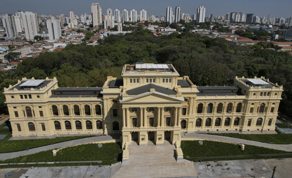 View of the Paulista Museum, known by Brazilians as the Ipiranga Museum in Sao Paulo, Brazil, Thursday, Sept. 1, 2022. After nearly a decade of renovations, the museum founded in 1895 by a creek where emperor Pedro I declared the nation's independence from Portugal is reopening as part of the country's bicentennial celebrations. (AP Photo/Andre Penner)