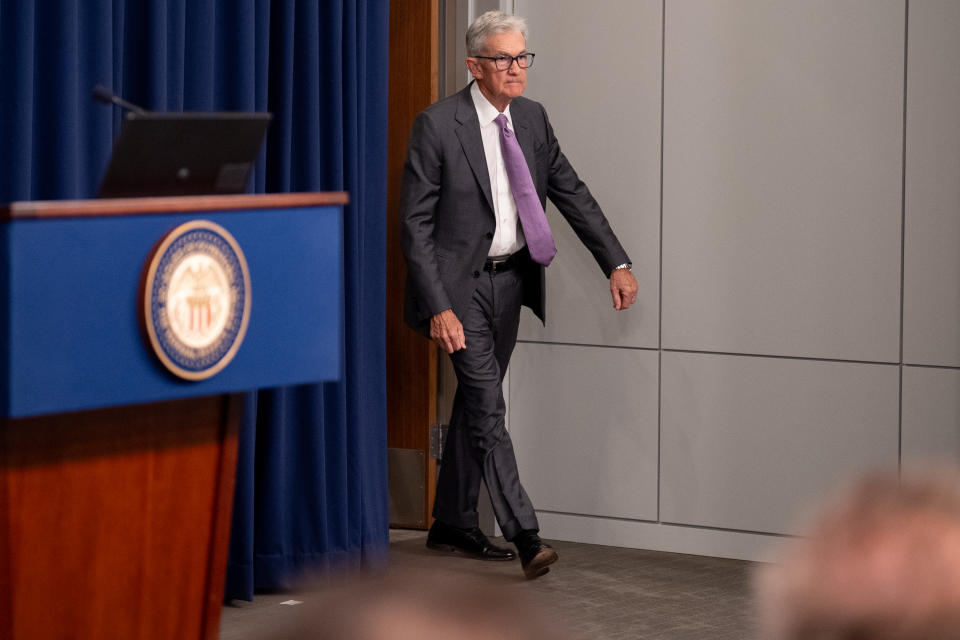 WASHINGTON, DC - JULY 31: Federal Reserve Chairman Jerome Powell arrives to speak at a news conference following a Federal Open Market Committee meeting at the William McChesney Martin Jr. Federal Reserve Board Building on July 31, 2024 in Washington, DC. Powell spoke to members of the media after the Federal Reserve held short-term interest rates where they are with broad expectations that the rate with drop in September. (Photo by Andrew Harnik/Getty Images)