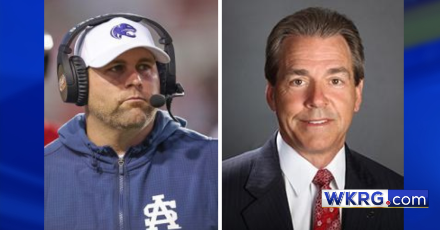 Split image of University of South Alabama Football Coach Kane Wommack and Alabama head football coach Nick Saban