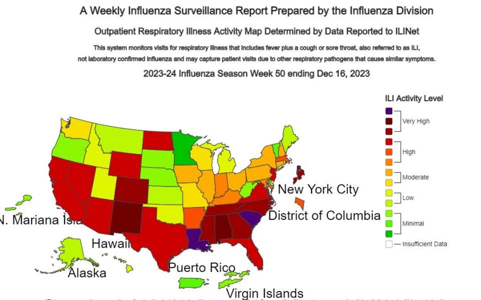 The Dec. 16 influenza map by the Centers for Disease Control.