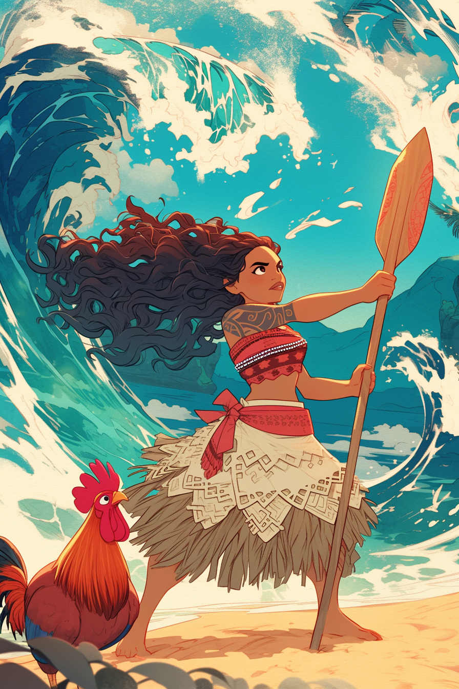 Moana stands with an oar beside Heihei the rooster, waves in the background, poised for adventure