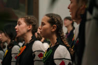 Members of the Shchedryk youth choir perform during a Christmas concert at Copenhagen’s Church of the Holy Spirit, in Copenhagen, Denmark, Thursday, Dec. 8 2022. The Shchedryk ensemble, described as Kyiv’s oldest professional children’s choir, were in the Danish capital this week for a performance as part of an international tour that also took them to New York’s famed Carnegie Hall. (AP Photo/James Brooks)