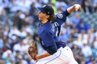 Seattle Mariners starting pitcher Logan Gilbert throws to a New York Yankees batter during the first inning of a baseball game Tuesday, May 30, 2023, in Seattle. (AP Photo/Caean Couto)