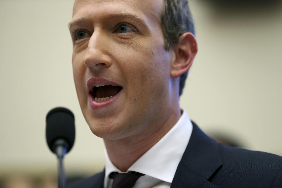 Facebook CEO Mark Zuckerberg testifies before a House Financial Services Committee hearing on Capitol Hill in Washington, Wednesday, Oct. 23, 2019, on Facebook's impact on the financial services and housing sectors. (AP Photo/Andrew Harnik)