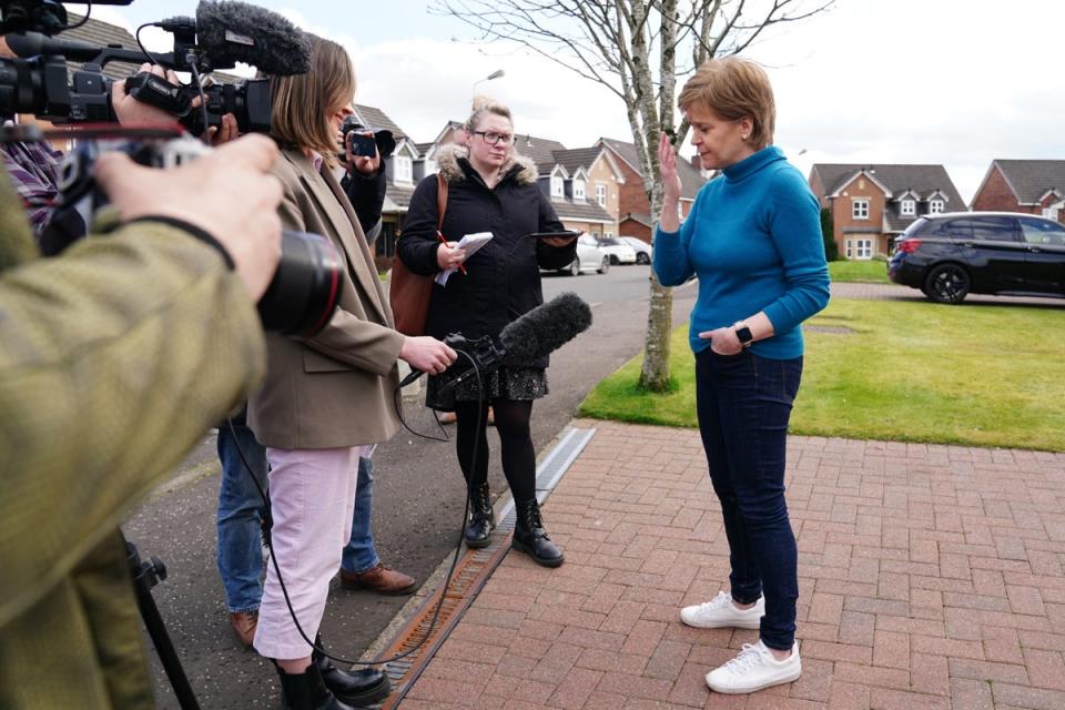 Nicola Sturgeon speaking to reporters (Jane Barlow/PA) (PA Wire)