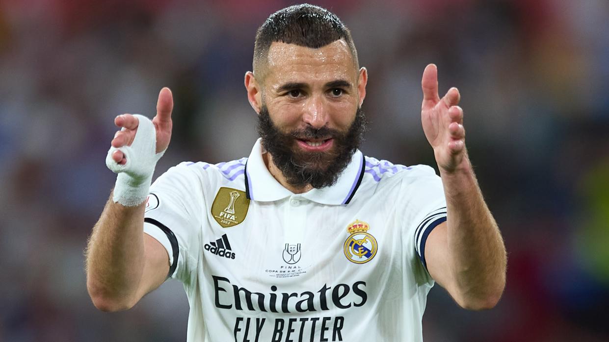   Karim Benzema of Real Madrid reacts during the Copa del Rey Final match between Real Madrid 