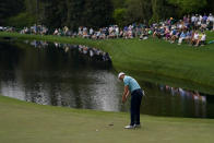 Jordan Spieth putts on the 16th green during the second round of the Masters golf tournament on Friday, April 9, 2021, in Augusta, Ga. (AP Photo/Matt Slocum)