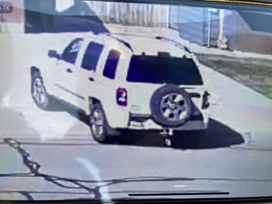 Police said the vehicle they are searching for is a white Jeep Liberty from the 2000s that is said to be involved in a possible abduction on March 17, 2024. According to officials, the vehicle has black door handles, a spare tire on the back and a grey front bumper. (Courtesy of Taylorsville Police Department)