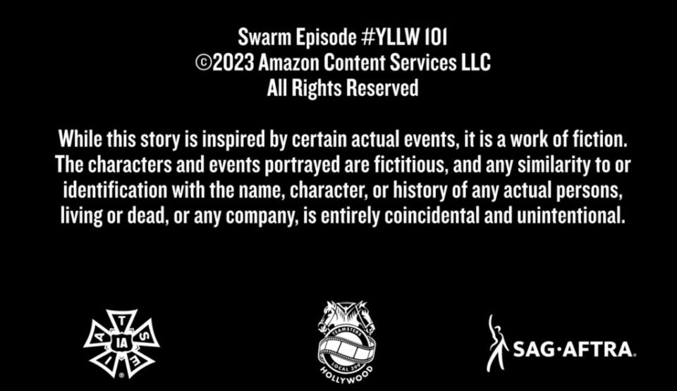 A card from the closing credits of the “Swarm” episode “Stung.”