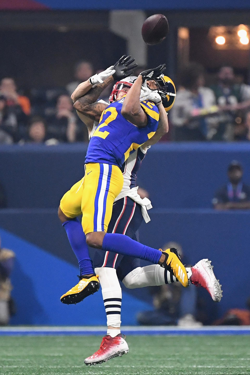 <p>Marcus Peters #22 of the Los Angeles Rams defends a pass against the New England Patriots during Super Bowl LIII at Mercedes-Benz Stadium on February 3, 2019 in Atlanta, Georgia. (Photo by Harry How/Getty Images) </p>