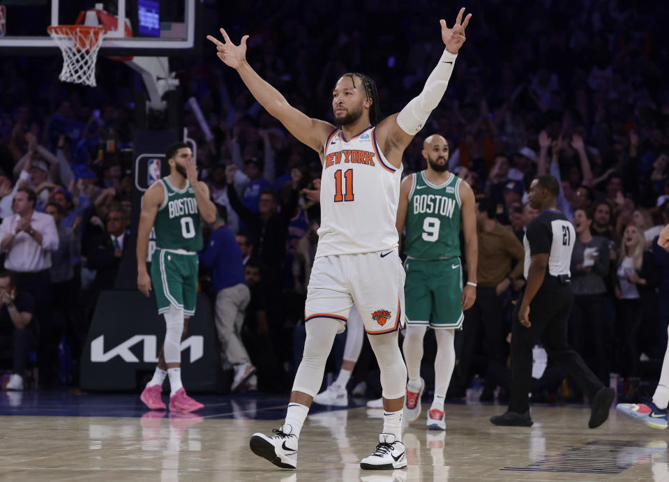 NEW YORK, NEW YORK - OCTOBER 25: (NEW YORK DAILIES OUT)  Jalen Brunson #11 of the New York Knicks in action against the Boston Celtics at Madison Square Garden on October 25, 2023 in New York City. The Celtics defeated the Knicks 108-104. NOTE TO USER: User expressly acknowledges and agrees that, by downloading and or using this photograph, User is consenting to the terms and conditions of the Getty Images License Agreement. (Photo by Jim McIsaac/Getty Images)